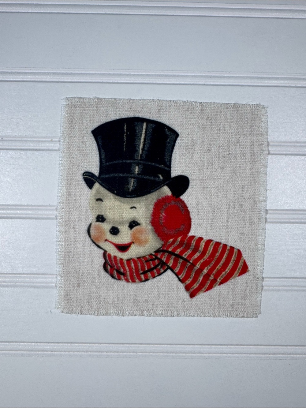 Vintage Snowman Fabric Patch with Top Hat and Red Scarf